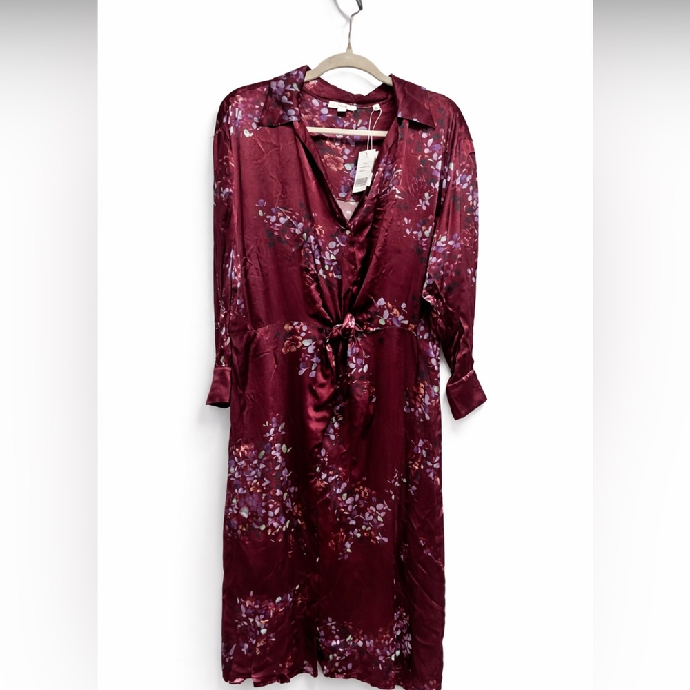 Vince Silk Floral Tie Waist Shirt Dress Burgundy Long Sleeve NWT 1X - Picture 2 of 10